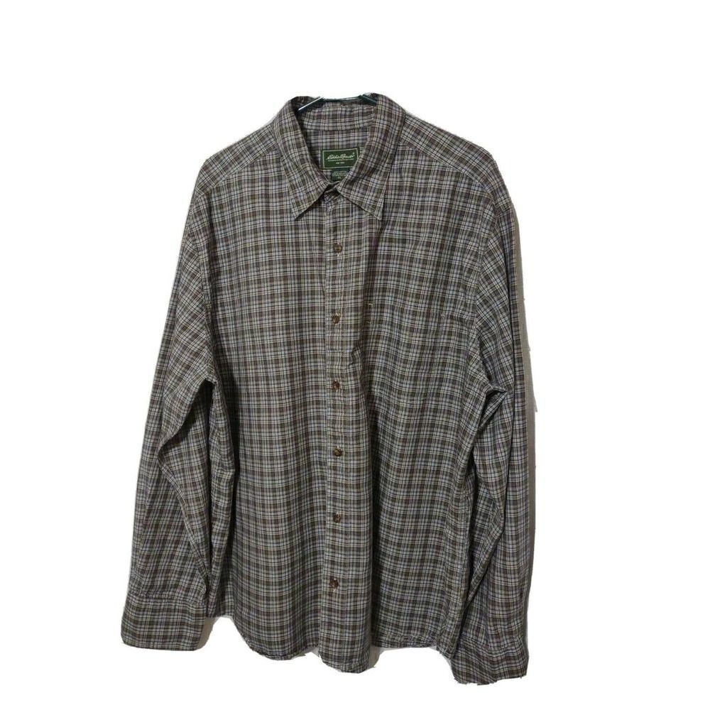 Eddie Bauer Men's Brown Plaid Button Down Long Sleeve Shirt Size XL 100% Cotton